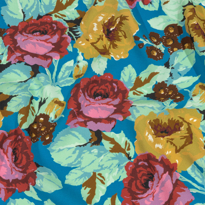 Balenciaga Italian Blue, Mustard and Red Roses Rayon Crepe | Mood Fabrics