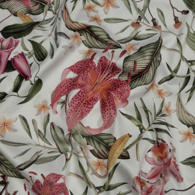 Ravello Green, Pink and White Tropical Flowers Mercerized Organic Egyptian Cotton Shirting | Mood Fabrics