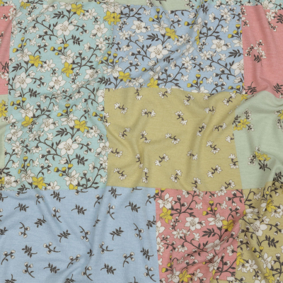 Gravel, Pink and Sky Floral Patchwork Rayon and Polyester Jersey | Mood Fabrics