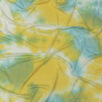 Lemon, Sky Blue and White TIe Dye Stretch Rayon Jersey | Mood Fabrics