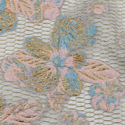 Metallic Bright Gold, Pink-a-boo and Bonnie Blue Florals and Latticework Sheer Luxury Brocade | Mood Fabrics