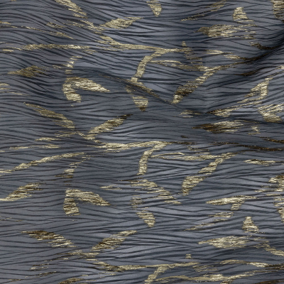 Metallic Gold and Steel Leafy Stems Luxury Plisse Brocade with Scalloped Edges | Mood Fabrics