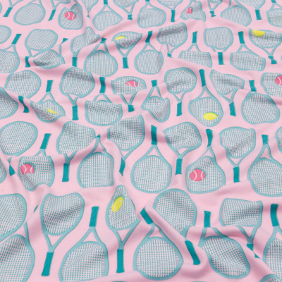 Pink and Teal Tennis Rackets Stretch Polyester ITY Knit | Mood Fabrics