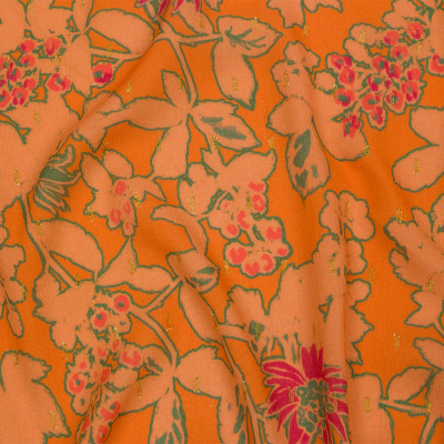 Crinkled Viscose Crepe Print with Metallic Dots - Orange Floral - Mood Exclusive Tree Line Trove | Mood Fabrics