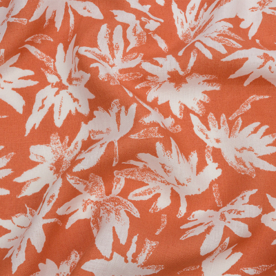 Deep Coral and White Leaf Impressions Lightweight Linen Woven | Mood Fabrics