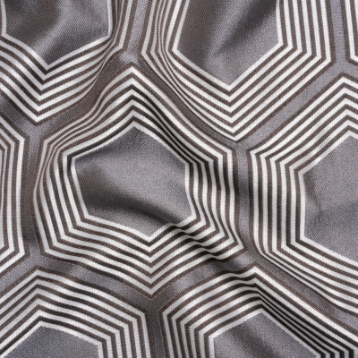 Silver, Charcoal and Gray Reverberating Hexagons Polyester Jacquard | Mood Fabrics