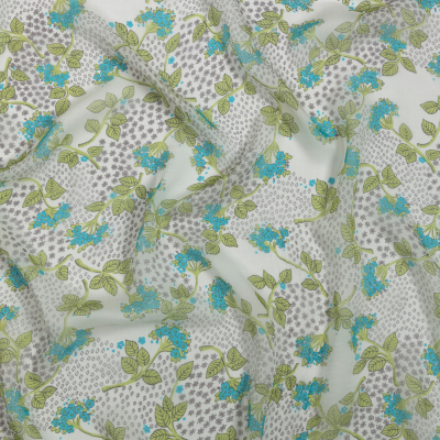 Spring Green, Turquoise and White Flowers and Tiny Diamonds Crinkled Silk Chiffon | Mood Fabrics