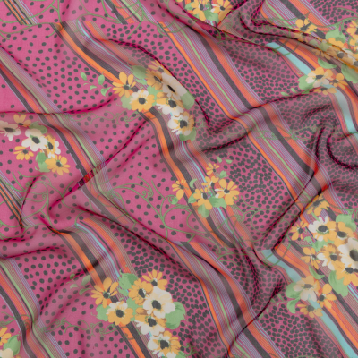 Hot Pink, Yellow and Green Stripes, Spots and Flowers Silk Chiffon | Mood Fabrics