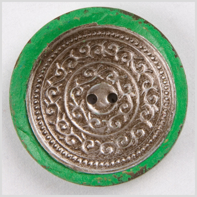 Dark Green and Silver Foiled 2-Hole Coconut Button - 74L/47mm | Mood Fabrics