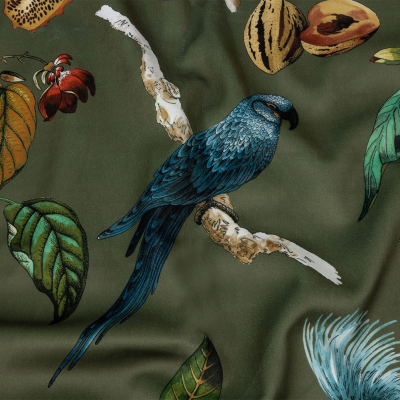 British Imported Olive Fruits and Cockatoos Printed Polyester Microvelvet | Mood Fabrics
