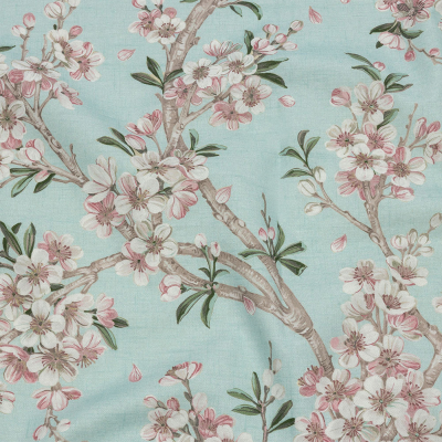 British Imported Aqua Blossoming Trees and Bees Printed Cotton Canvas | Mood Fabrics