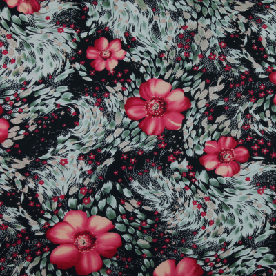 Melon and Black Floral Rayon Jersey | Mood Fabrics
