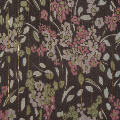 Pink/Green/Brown Floral Printed Crinkled Silk Chiffon w/ Metallic Gold Stripes | Mood Fabrics