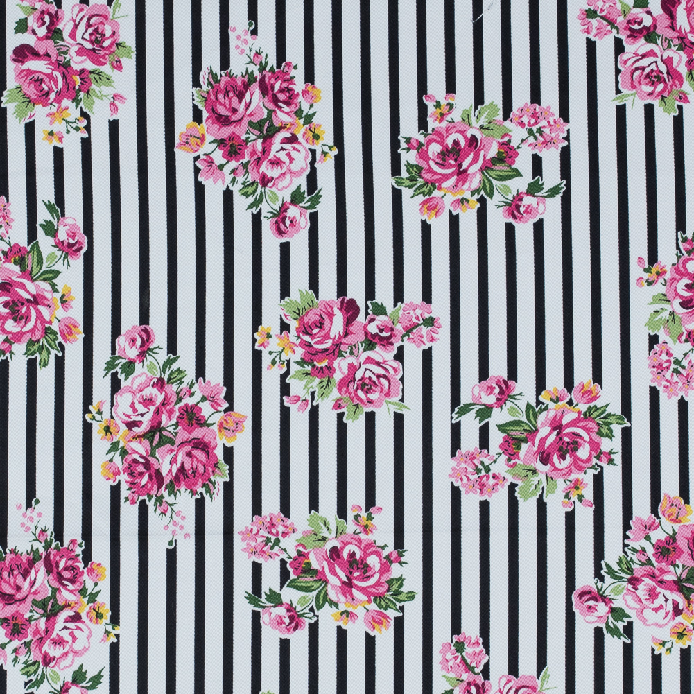 Pink Carnation, Black and White Floral Striped Stretch Cotton Twill -  Stretch Cotton - Cotton - Fashion Fabrics