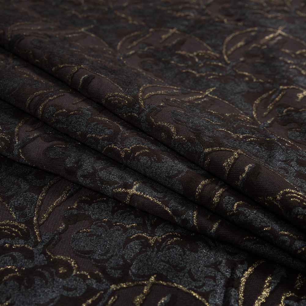 Italian Metallic Gold and Gray Flocked Brown Polyester Woven - Web Archived