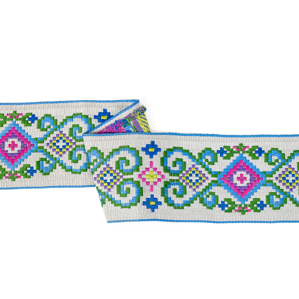 Multicolored and Opal Gray Floral Geometric Embroidered Ribbon - 3.25