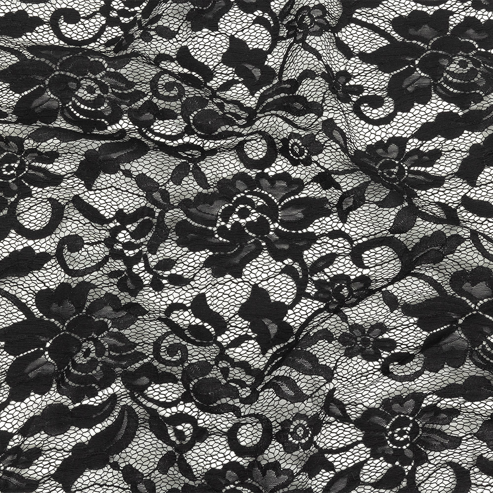 Cali Fabrics Black Floral With Scalloped Double Border Cotton Eyelet Fabric  by the Yard