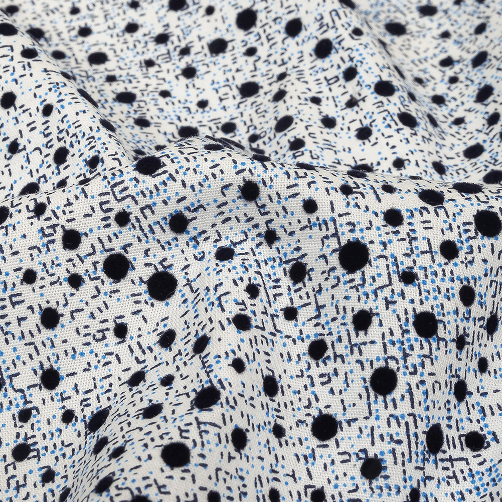 Black Flocked Polka Dots on Blue, Gray and White Abstract Stretch ...
