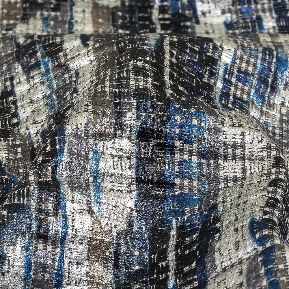 Blue, Silver and Gray Abstract Foiled Stretch Polyester and Cotton ...