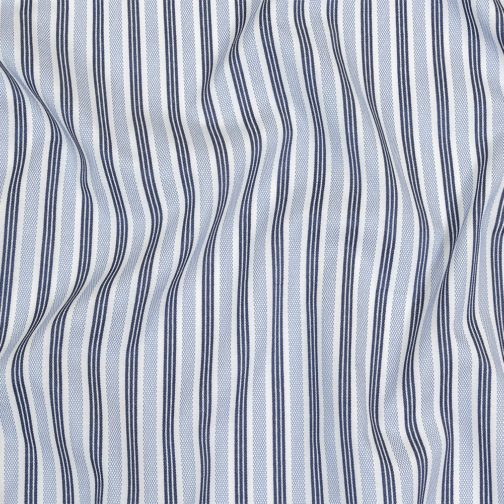 Blue, Navy and White Striped Cotton and Polyester Dobby - Cotton