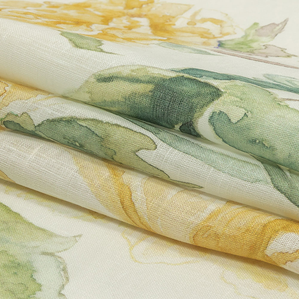 Yellow, Green and White Watercolor Roses Medium Weight Linen Woven ...