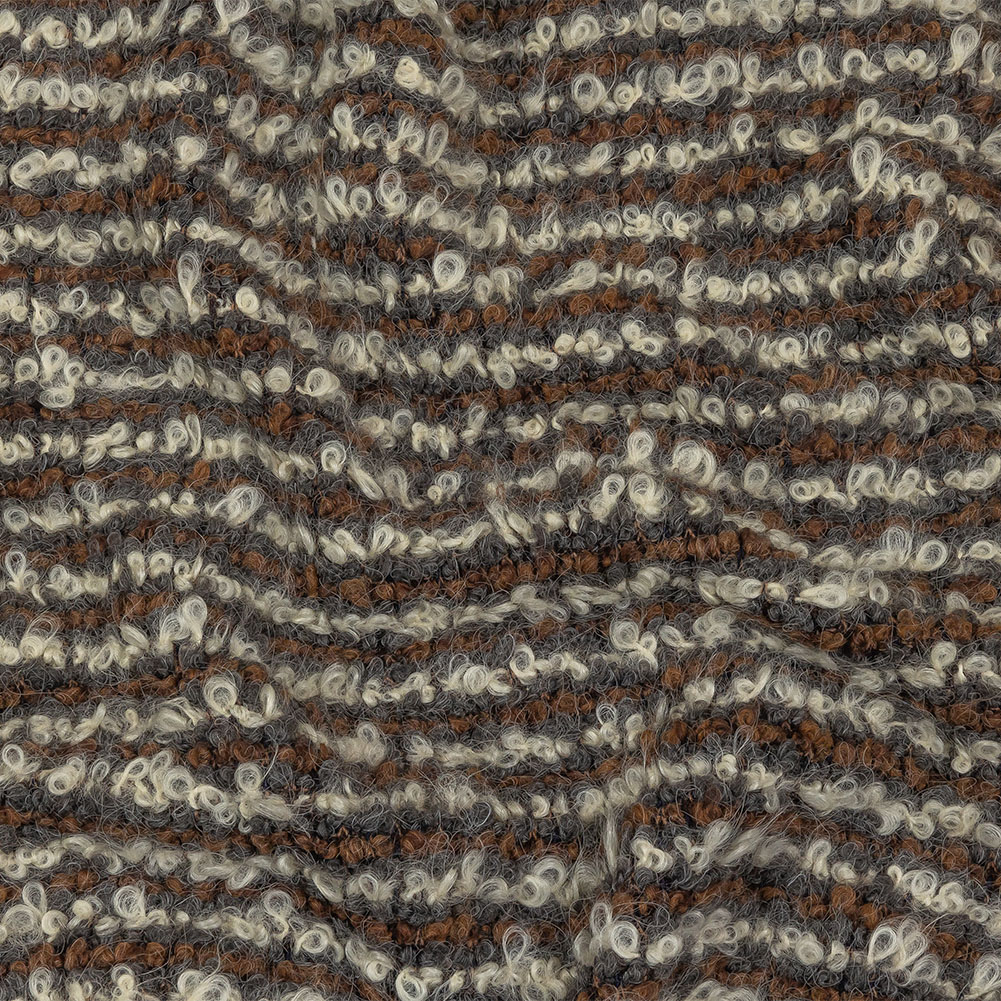 Brown, Charcoal and Off White Striped Plush Boucle Wool Knit - Boucle -  Wool - Fashion Fabrics