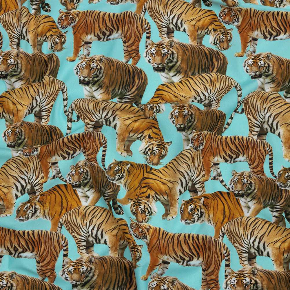 Sky Blue and Orange Tigers Stretch Nylon Jersey - Jersey Prints - Jersey/Knits  - Fashion Fabrics