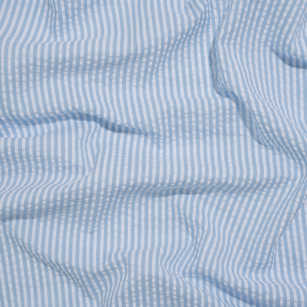 Wylie Light Blue and White Candy Striped Polyester and Cotton Seersucker -  Seersucker - Cotton - Fashion Fabrics
