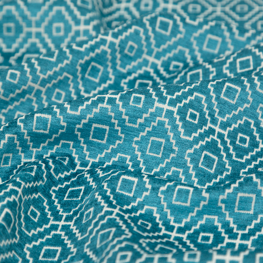 British Imported Teal Geometric Chenille Jacquard - Web Archived
