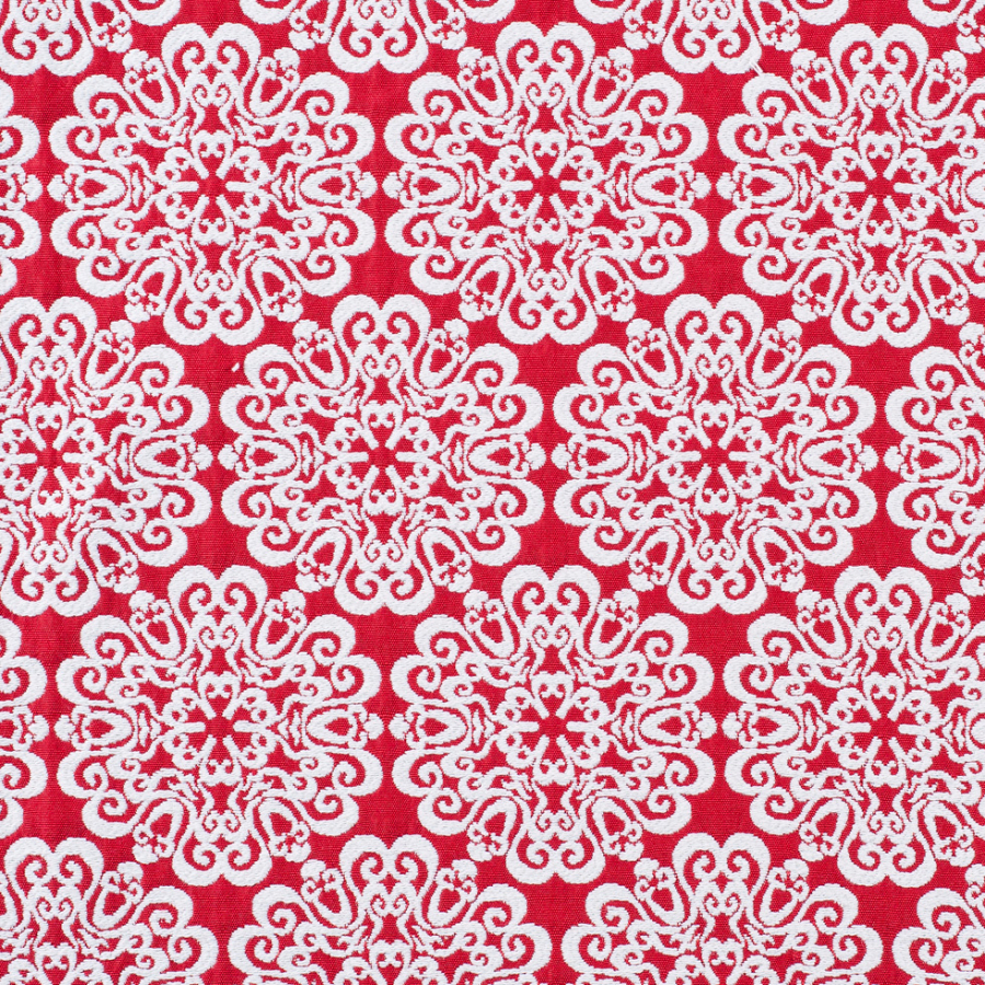 Red and Ivory Medallion Poly-Cotton Jacquard | Mood Fabrics