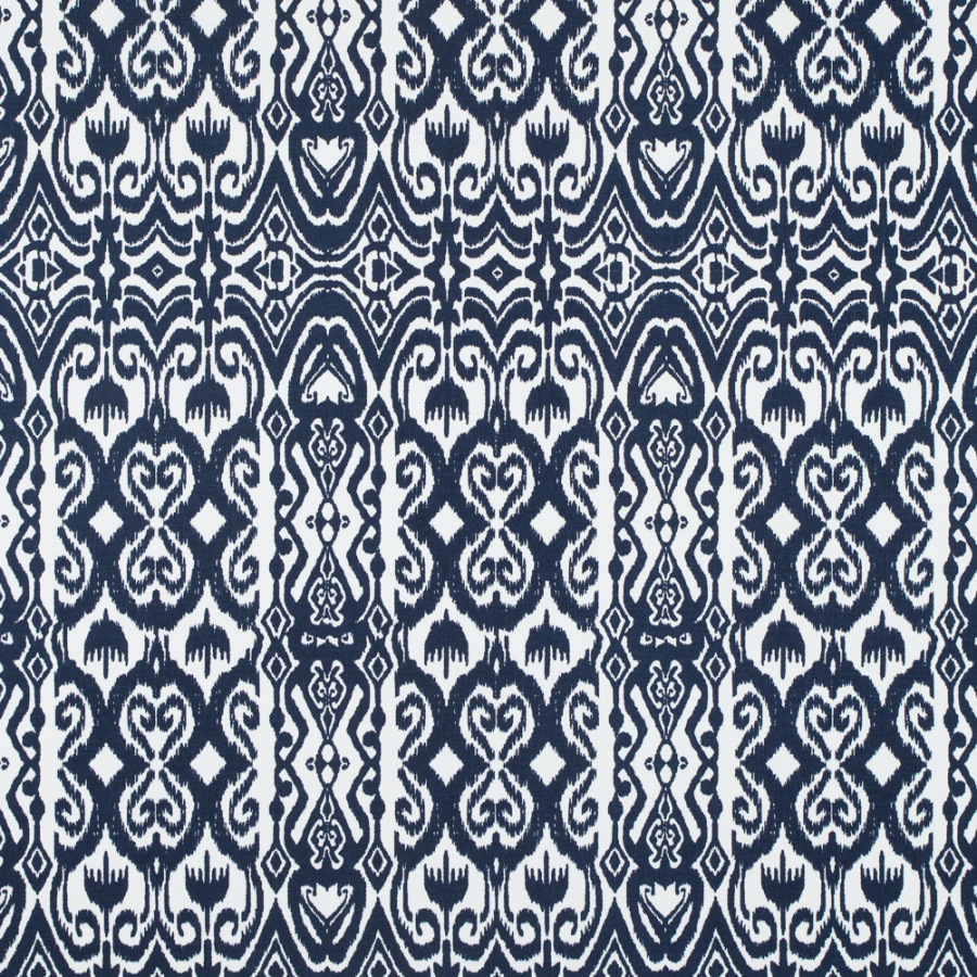 Navy/White Ikat Stretch Cotton Sateen | Mood Fabrics