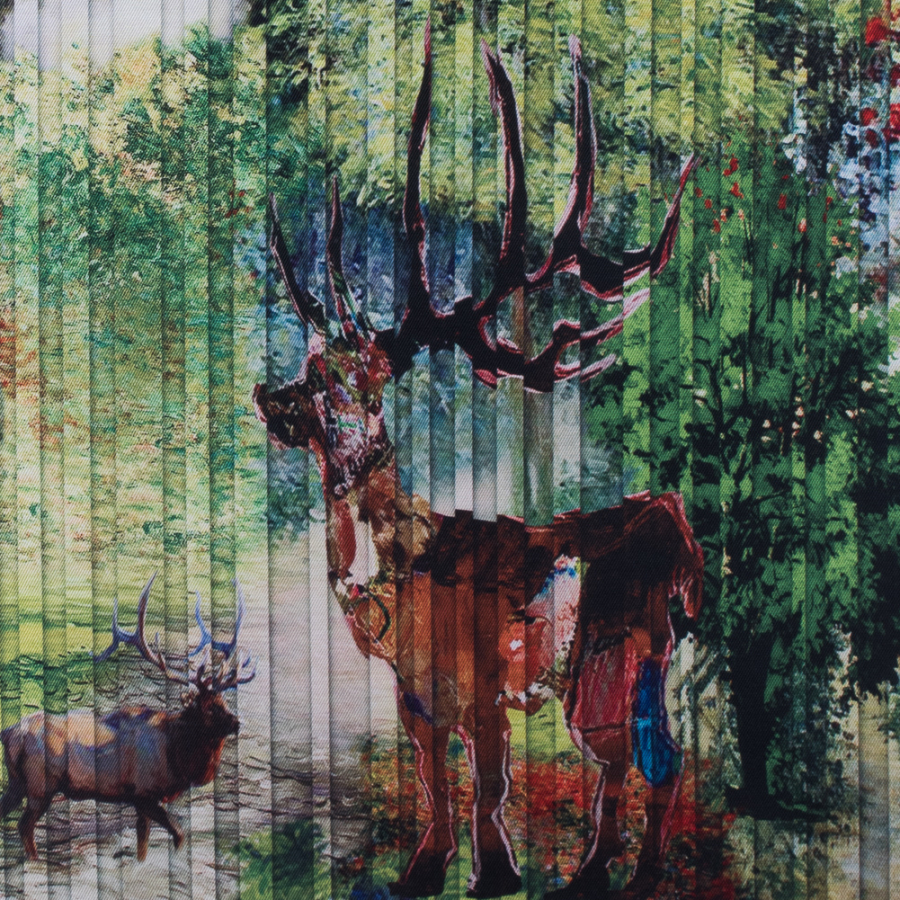 Digitally Printed Pleat Imitation Deer in a Forest on a Mikado/Twill | Mood Fabrics