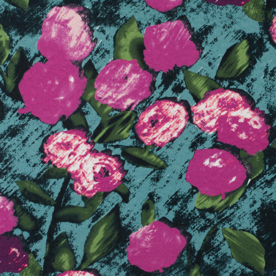 Pink/Green Digitally Printed Floral on a Rose Jacquard | Mood Fabrics