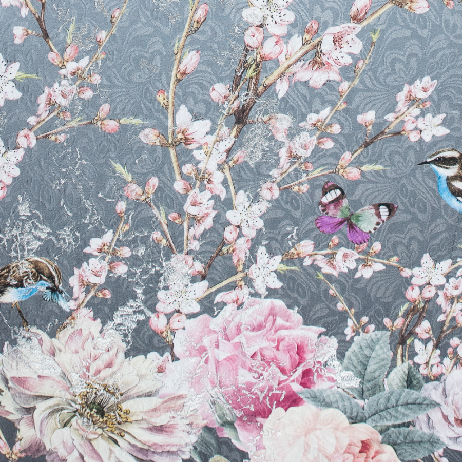 Birds and Branches Digitally Printed on a Gray Butterfly Jacquard with Metallic Silver Embroidery | Mood Fabrics
