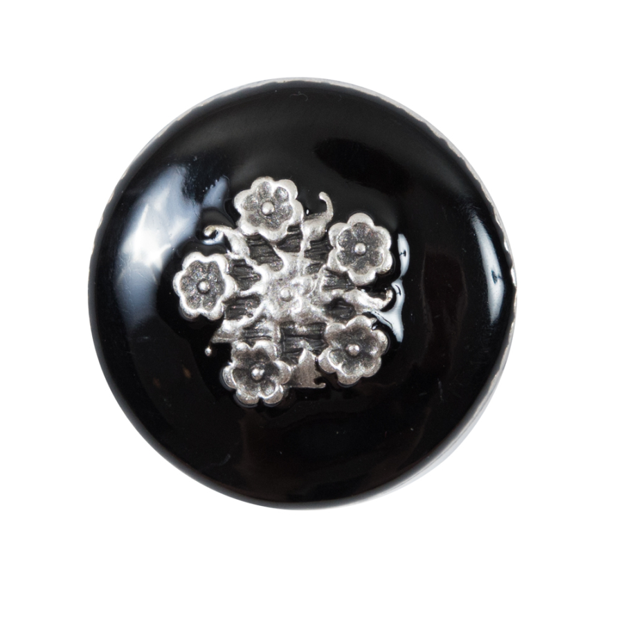 Italian Black and Silver Floral Metal Button - 44L/28mm | Mood Fabrics