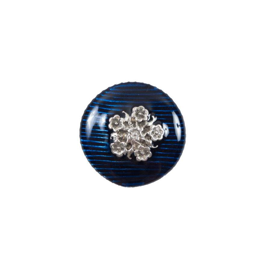 Italian Royal Blue and Silver Floral Metal Button - 24L/15mm | Mood Fabrics