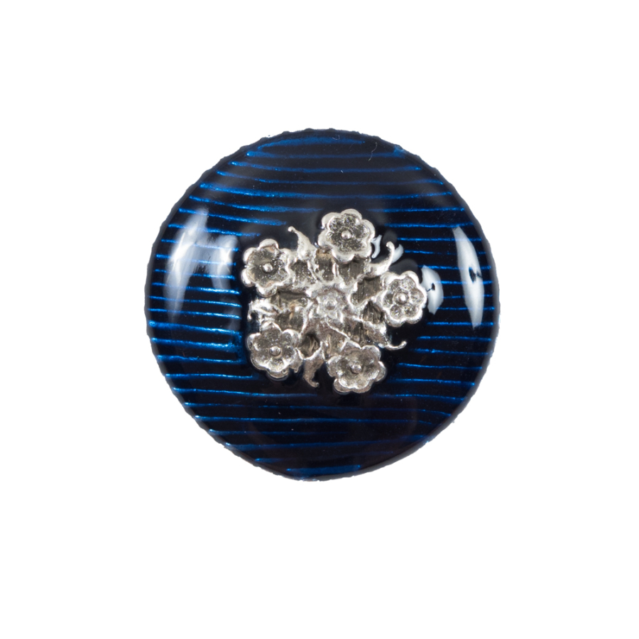 Italian Royal Blue and Silver Floral Metal Button - 36L/23mm | Mood Fabrics