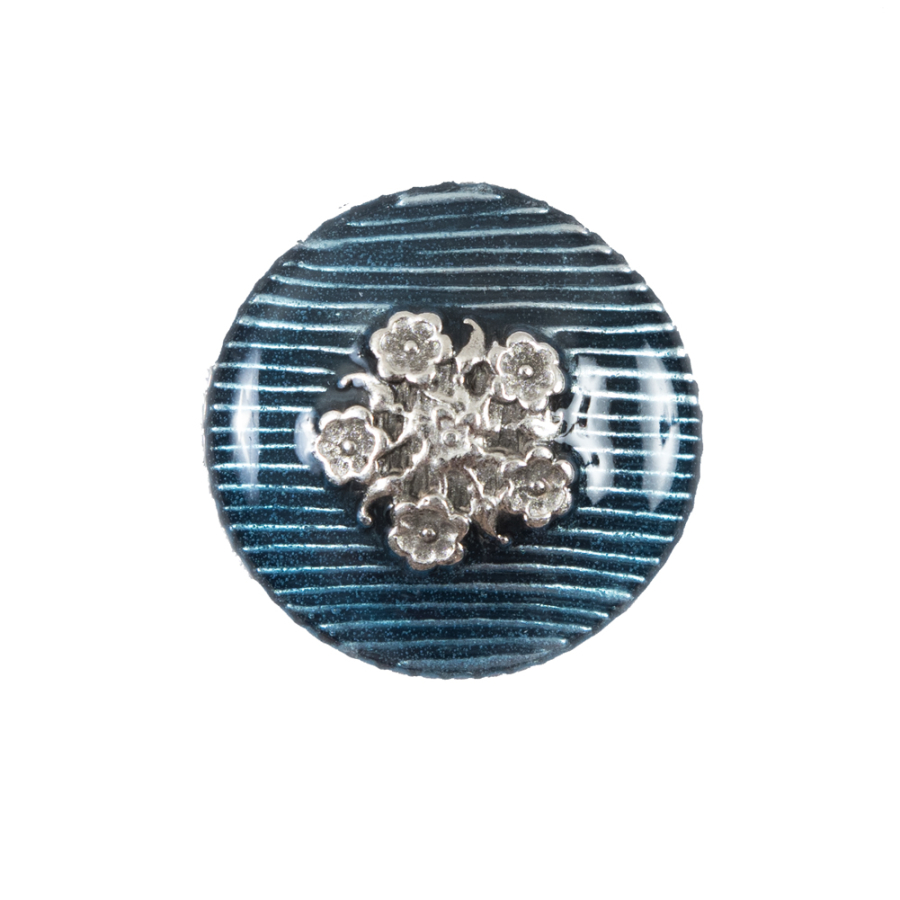 Italian Aqua and Silver Floral Metal Button - 36L/23mm | Mood Fabrics