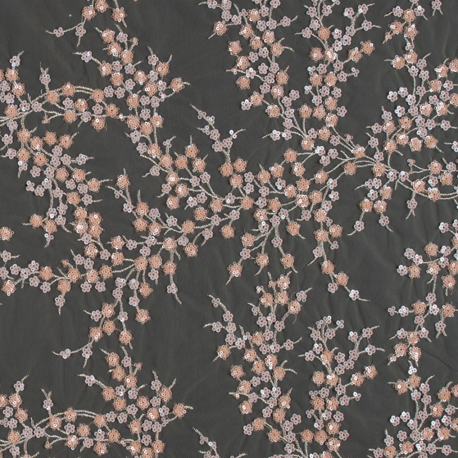 Salmon and Silver Fancy Floral Sequined Fabric on a Nude Stretch ...
