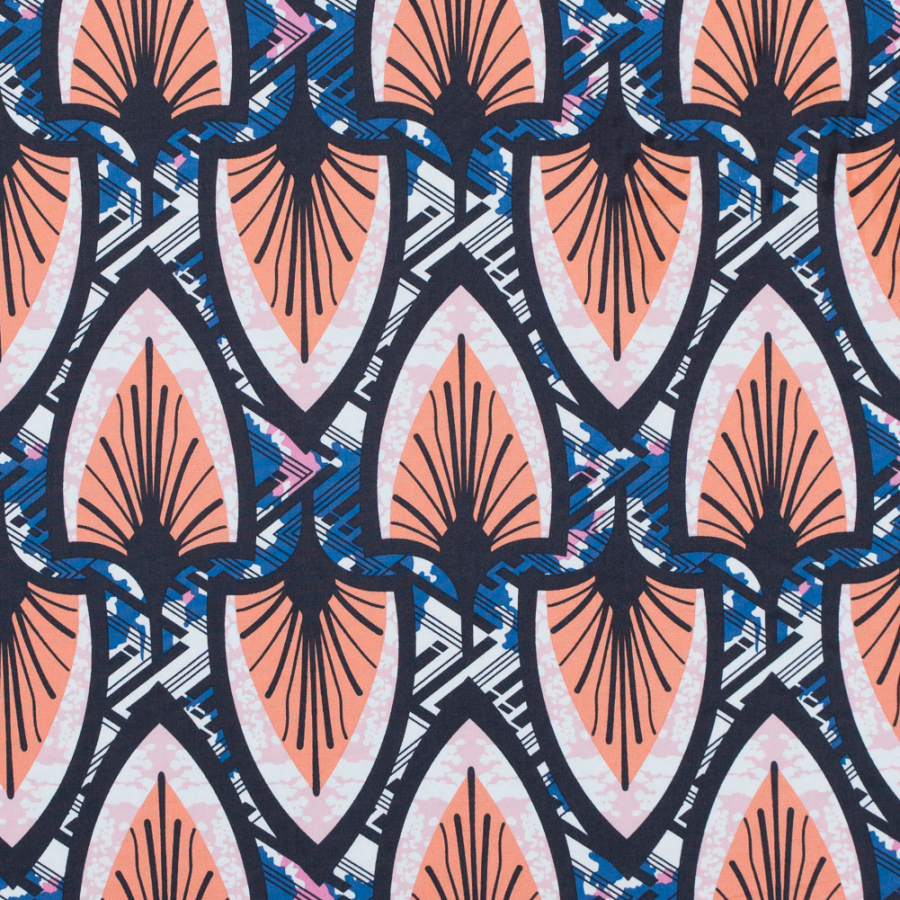 Papaya Punch and Delft Blue Stretch Cotton Poplin Print | Mood Fabrics