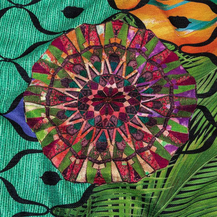 Green, Baja Blue and Orange Mandalas and Leaves Printed Polyester Chenille | Mood Fabrics