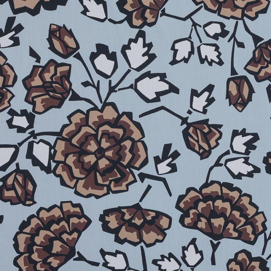European Brown and Blue Geometric Floral Cotton Poplin | Mood Fabrics
