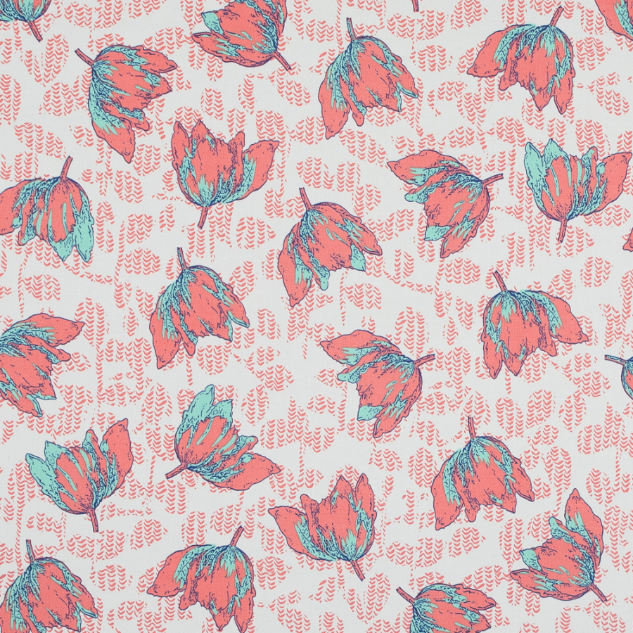 Coral and Seafoam Floral Stretch Cotton Sateen | Mood Fabrics