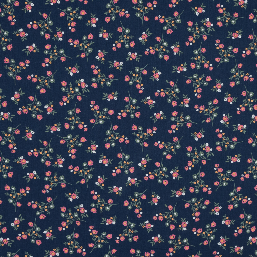 Navy and Coral Floral Cotton Voile | Mood Fabrics