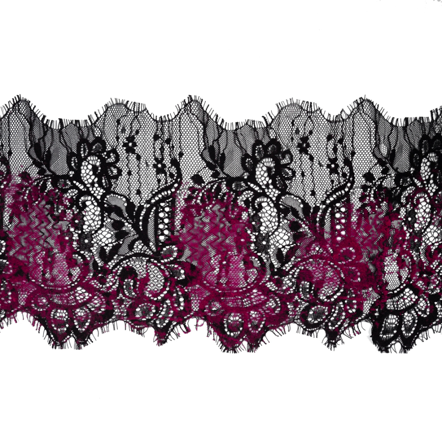 Italian Black and Magenta Flocked Lace Trim - 8 | Mood Fabrics