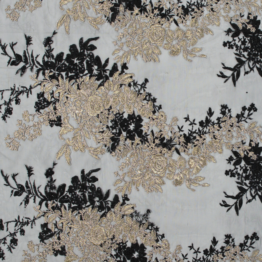 Fancy Black and Metallic Gold Floral Corded and Embroidered Lace with Single Scalloped Edge | Mood Fabrics