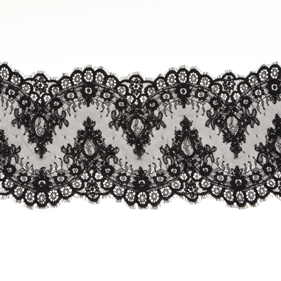 Black Corded Lace with Scalloped Eyelash Edges - 9 | Mood Fabrics