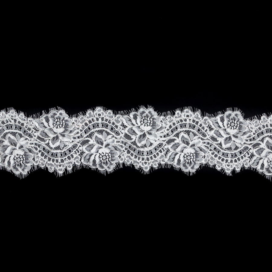 White Floral Corded Lace with Scalloped Eyelash Edges - 4.5 | Mood Fabrics