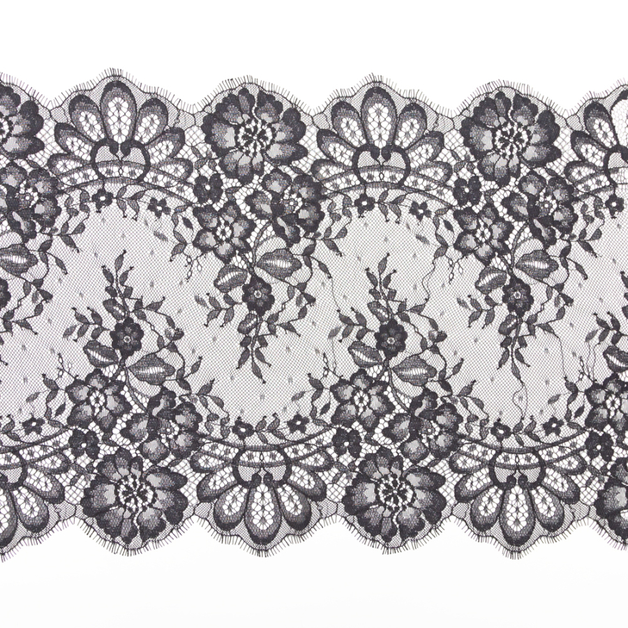 Black Floral Scalloped Eyelash Lace Trim - 14.125 | Mood Fabrics