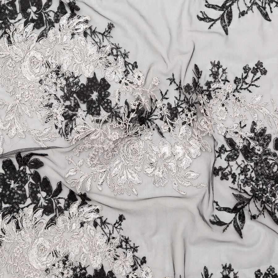 Fancy Black and White Floral Corded and Sequined Embroidered Lace | Mood Fabrics